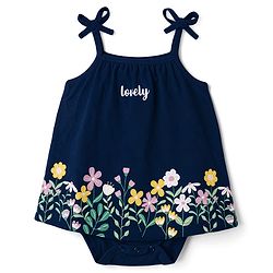 Babyhug 100% Cotton Interlock Knit Sleeveless Frock Style Onesies With Floral Print & Hairband - Navy Blue