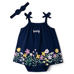 Babyhug 100% Cotton Interlock Knit Sleeveless Frock Style Onesies With Floral Print & Hairband - Navy Blue