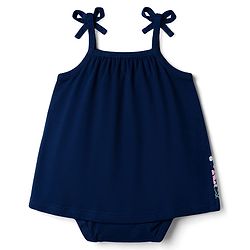 Babyhug 100% Cotton Interlock Knit Sleeveless Frock Style Onesies With Floral Print & Hairband - Navy Blue