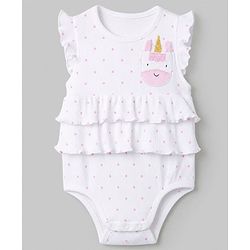 Babyhug 100% Cotton Rib Knit Sleeveless Frock Style Onesie With Polka Dots Print & Animal Applique - White & Pink