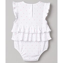 Babyhug 100% Cotton Rib Knit Sleeveless Frock Style Onesie With Polka Dots Print & Animal Applique - White & Pink