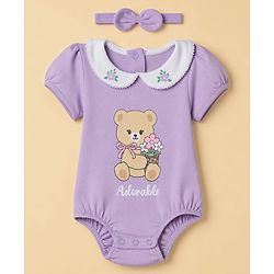 Babyhug 100% Cotton Interlock Knit Half Sleeves Teddy Bear & Floral Printed Onesie With Hairdband - Purple