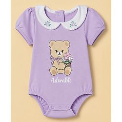 Babyhug 100% Cotton Interlock Knit Half Sleeves Teddy Bear & Floral Printed Onesie With Hairdband - Purple