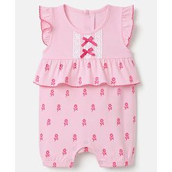 Babyhug 100% Cotton Interlock Knit Half Sleeves Romper With Floral Print & Bow Applique - Pink