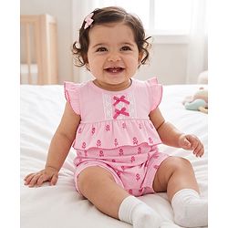 Babyhug 100% Cotton Interlock Knit Half Sleeves Romper With Floral Print & Bow Applique - Pink