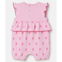 Babyhug 100% Cotton Interlock Knit Half Sleeves Romper With Floral Print & Bow Applique - Pink