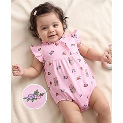 Babyhug 100% Cotton Interlock Knit Sleeveless Frill Detailing Onesies With Floral Print - Pink