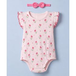 Babyhug 100% Cotton Knit Sleeveless Floral Printed Onesies With Hairband - Pink