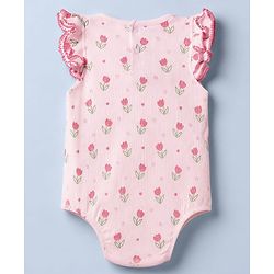 Babyhug 100% Cotton Knit Sleeveless Floral Printed Onesies With Hairband - Pink