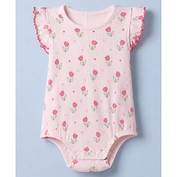 Babyhug 100% Cotton Knit Sleeveless Floral Printed Onesies With Hairband - Pink