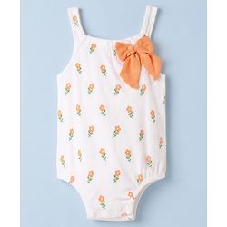 Babyhug 100% Cotton Knit Sleeveless Floral Printed Onesies With Hairband & Bow Applique- Orange