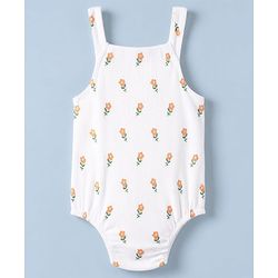 Babyhug 100% Cotton Knit Sleeveless Floral Printed Onesies With Hairband & Bow Applique- Orange