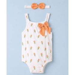 Babyhug 100% Cotton Knit Sleeveless Floral Printed Onesies With Hairband & Bow Applique- Orange
