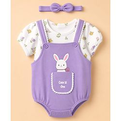 Babyhug 100% Cotton Interlock Knit Half Sleeves Onesies With Floral Printed T-shirt & Hairband - White