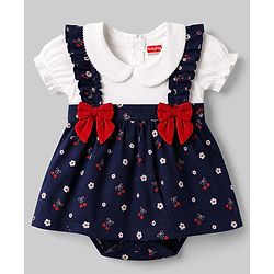 Babyhug 100% Cotton Single Jersey Knit Half Sleeves Onesies With Floral Print & Bow Applique - Navy Blue