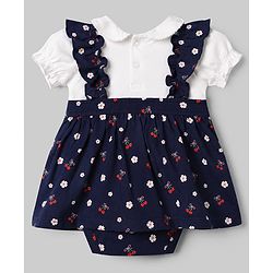 Babyhug 100% Cotton Single Jersey Knit Half Sleeves Onesies With Floral Print & Bow Applique - Navy Blue