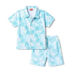 Babyhug 100% Cotton Single Jersey Knit Half Sleeves Shirt & Shorts Co-ords With Tropical Print - Light Blue