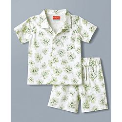 Babyhug 100% Cotton Single Jersey Knit Half Sleeves Leafy Printed Co-Ords Shirt & Shorts Set - White
