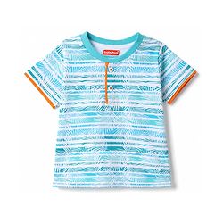 Babyhug Single Jersey Knit Half Sleeves Striped T-Shirt & Shorts Set With Tropical Print - Blue