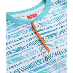 Babyhug Single Jersey Knit Half Sleeves Striped T-Shirt & Shorts Set With Tropical Print - Blue