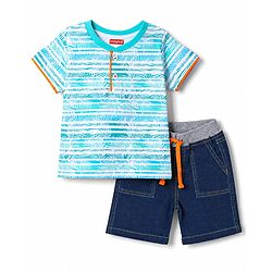 Babyhug Single Jersey Knit Half Sleeves Striped T-Shirt & Shorts Set With Tropical Print - Blue