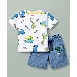 Babyhug Single Jersey Knit Half Sleeves T-Shirt & Shorts Set With Dino Print - White