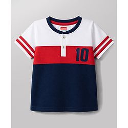 Babyhug Single Jersey Knit Half Sleeves Cut & Sew Colour Block Number Printed Henley T-Shirt & Shorts Set - Navy & Red