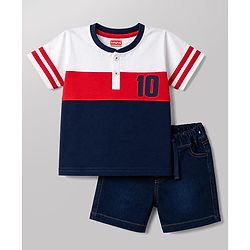 Babyhug Single Jersey Knit Half Sleeves Cut & Sew Colour Block Number Printed Henley T-Shirt & Shorts Set - Navy & Red
