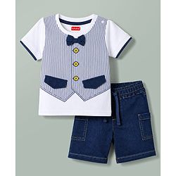 Babyhug Single Jersey Knit Half Sleeves Striped T-Shirt & Shorts Set With Bow Applique - White