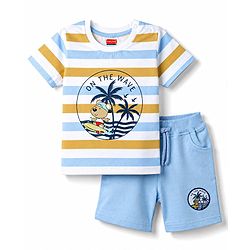 Babyhug 100% Cotton Single Jersey Knit Half Sleeves Striped & Bear Printed T-Shirt & Shorts Set - White