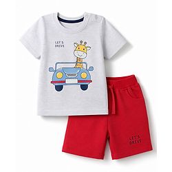 Babyhug 100% Cotton Knit half Sleeves Car & Giraffe Printed T-Shirt & Shorts Set - Red