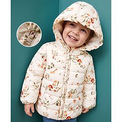Babyhug Woven Full Sleeves Floral & Squirrel Printed Hooded Padded Jacket - White