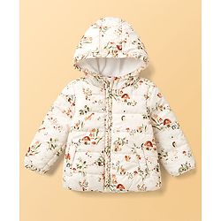 Babyhug Woven Full Sleeves Floral & Squirrel Printed Hooded Padded Jacket - White