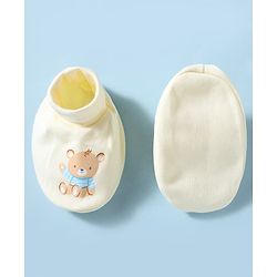 Babyhug 100% Cotton Interlock Knit Mittens & Booties With Teddy Bear Print - Yellow