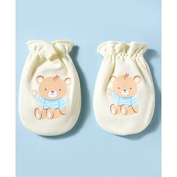 Babyhug 100% Cotton Interlock Knit Mittens & Booties With Teddy Bear Print - Yellow