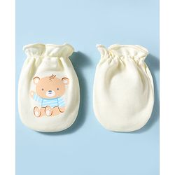 Babyhug 100% Cotton Interlock Knit Mittens & Booties With Teddy Bear Print - Yellow
