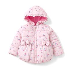 Babyhug Woven Full Sleeves Floral Printed Hooded Padded Jacket with Bow Applique- Pink