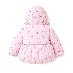 Babyhug Woven Full Sleeves Floral Printed Hooded Padded Jacket with Bow Applique- Pink
