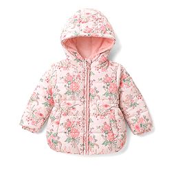 Babyhug Woven Full Sleeves Floral Printed Hooded Padded Jacket - Pink