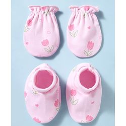 Babyhug 100% Cotton Interlock Knit Mittens & Booties With Floral Print - Pink