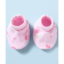 Babyhug 100% Cotton Interlock Knit Mittens & Booties With Floral Print - Pink