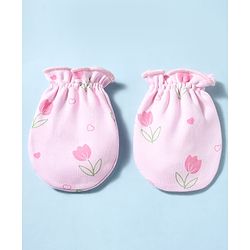 Babyhug 100% Cotton Interlock Knit Mittens & Booties With Floral Print - Pink