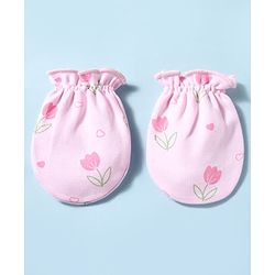 Babyhug 100% Cotton Interlock Knit Mittens & Booties With Floral Print - Pink