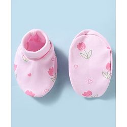 Babyhug 100% Cotton Interlock Knit Mittens & Booties With Floral Print - Pink