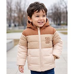 Babyhug Woven Padded Winter Hooded Jacket with Full Sleeves and B Applique in Brown