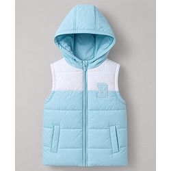 Babyhug Woven Sleeveless Hooded Padded Jacket with Letter B Patch - Light Blue