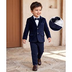 Babyhug Woven Full Sleeves Solid Three Piece Party Suit With Bow - Navy Blue