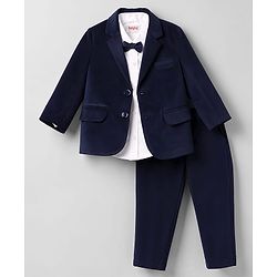 Babyhug Woven Full Sleeves Solid Three Piece Party Suit With Bow - Navy Blue