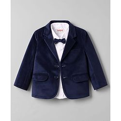 Babyhug Woven Full Sleeves Solid Three Piece Party Suit With Bow - Navy Blue