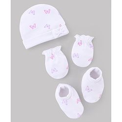 Babyhug 100% Cotton Interlock Knit Cap Mittens & Booties with Butterfly Print & Bow Applique White - Diameter 14 cm